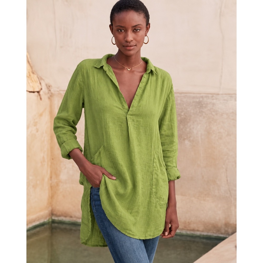 CP Shades Teton Tunic 100% Linen Lime Green Pockets Lagenlook Coastal Womens Med